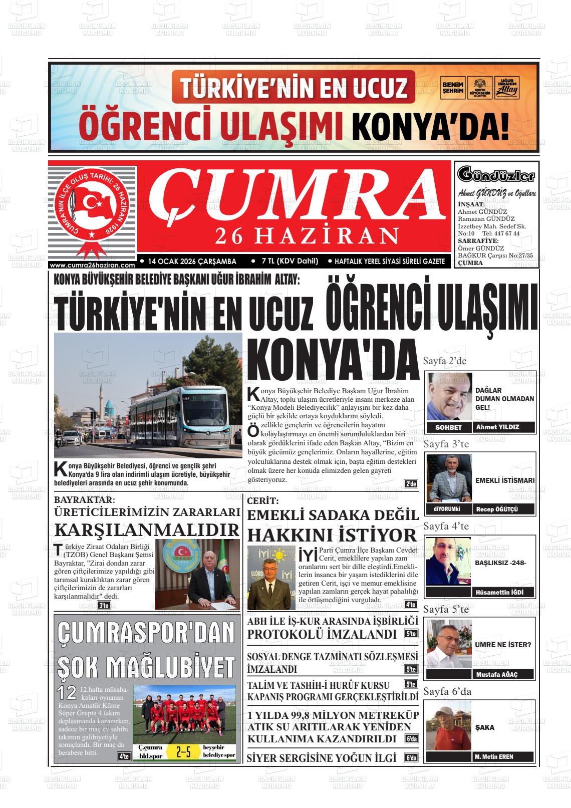 Konya Cumra 26 Haziran 14.01.2026