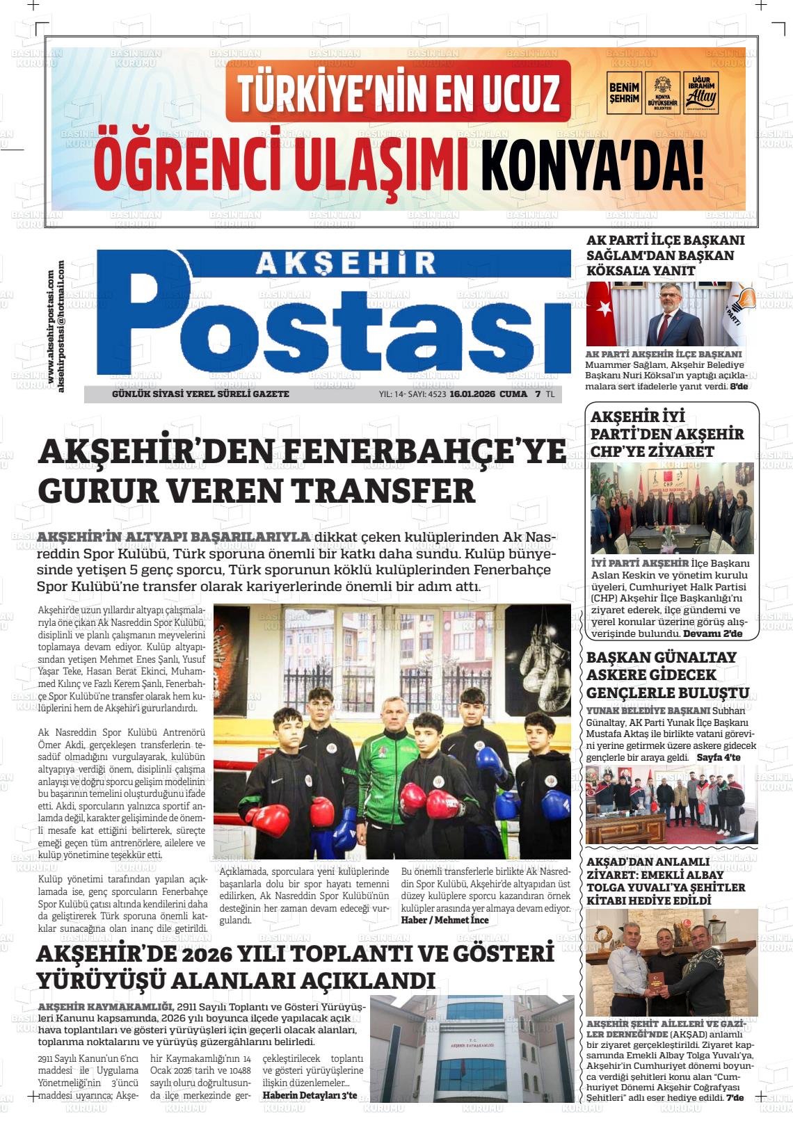 Konya Aksehirpostasi 16.01.2026