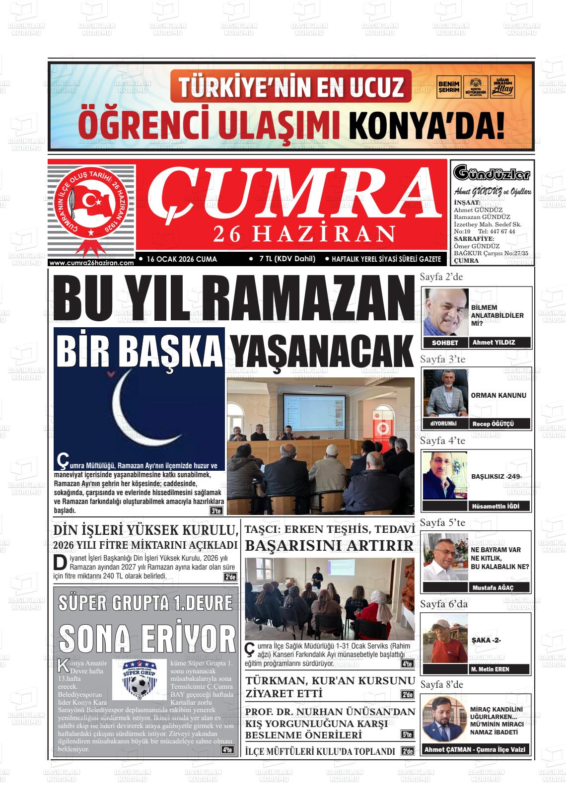Konya Cumra 26 Haziran 16.01.2026