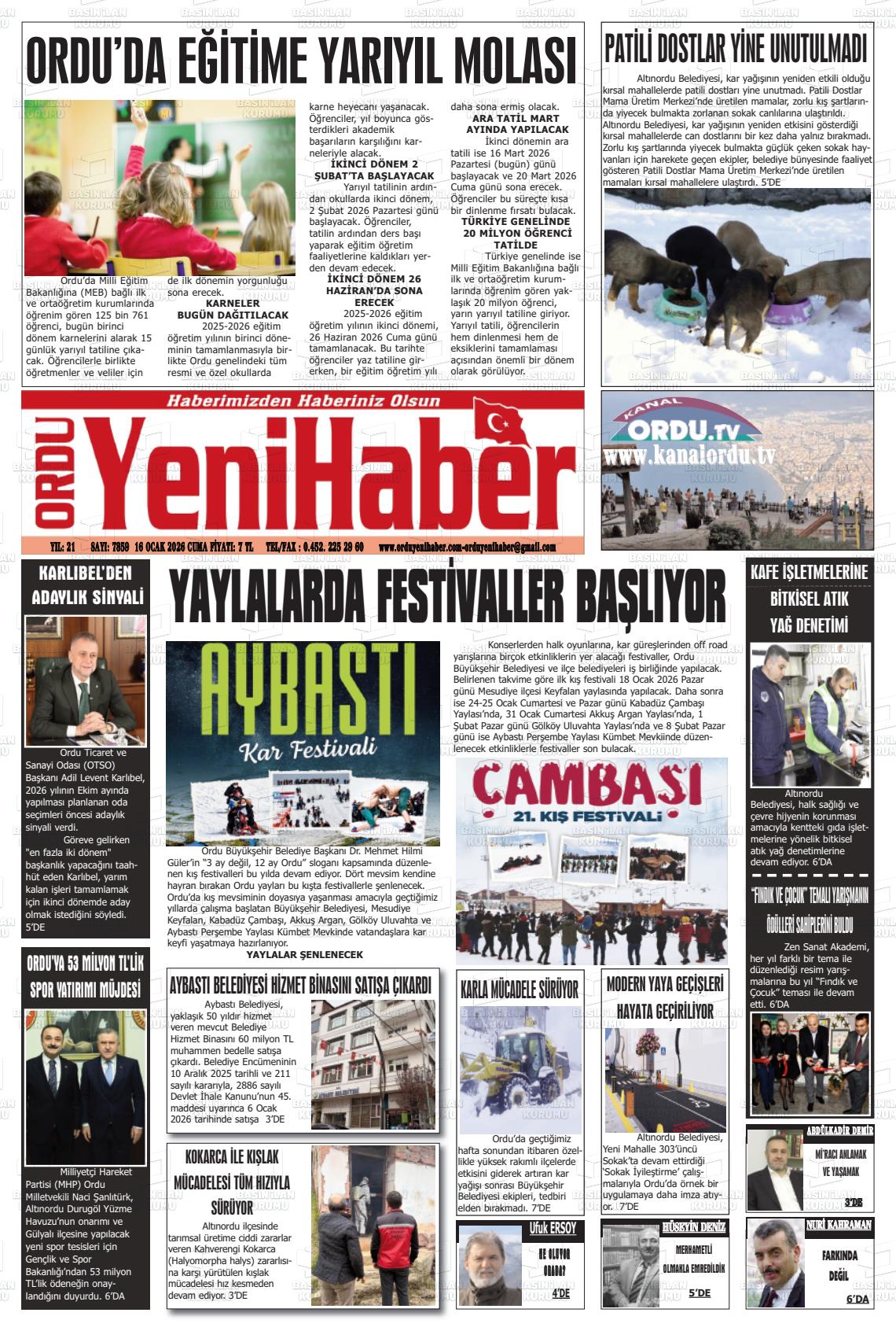Ordu Yenihaber 16.01.2026