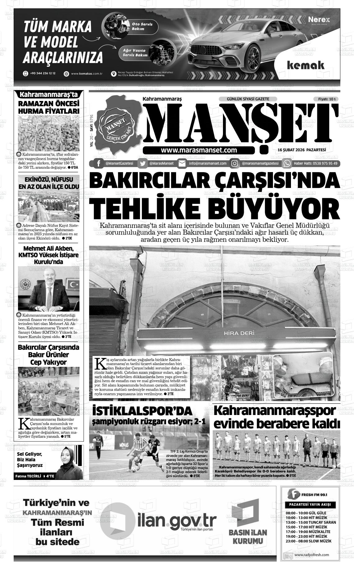 Kahramanmaras Manset 16.02.2026