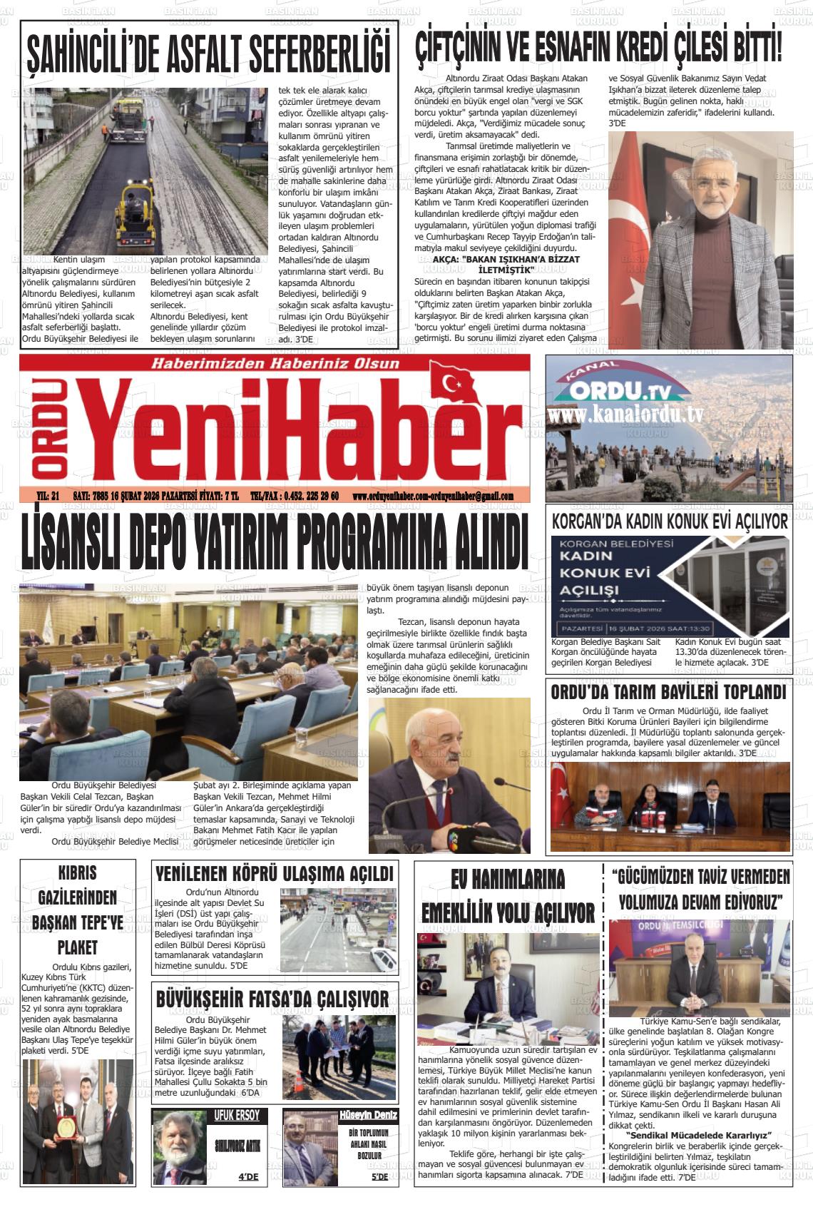 Ordu Yenihaber 16.02.2026