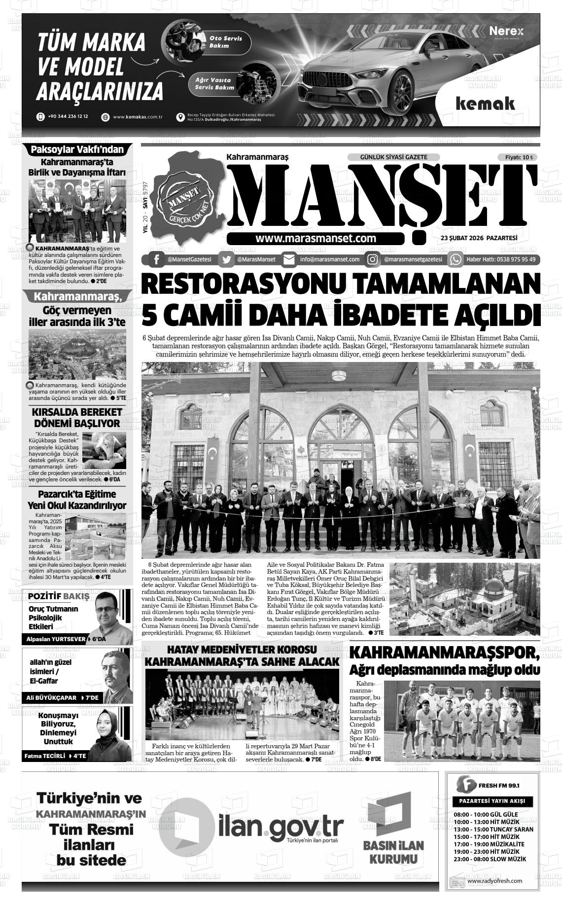 Kahramanmaras Manset 23.02.2026