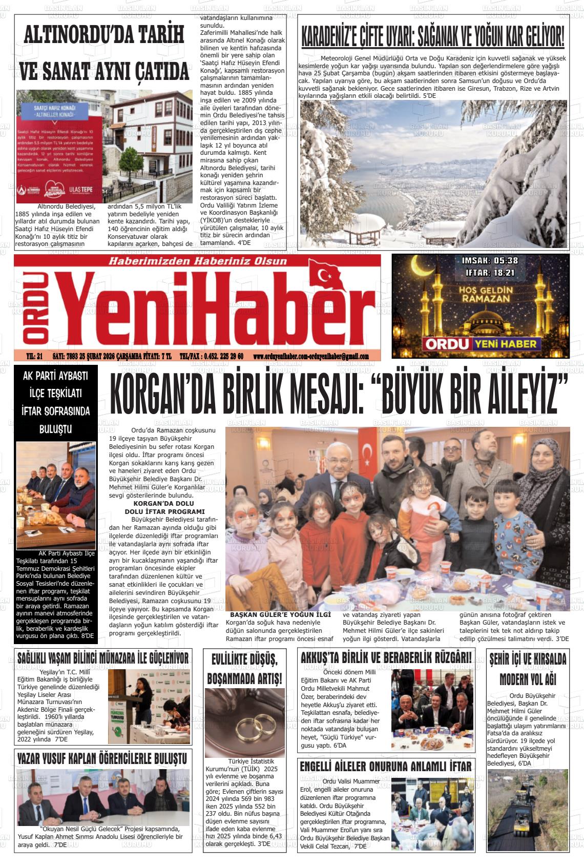 Ordu Yenihaber 25.02.2026