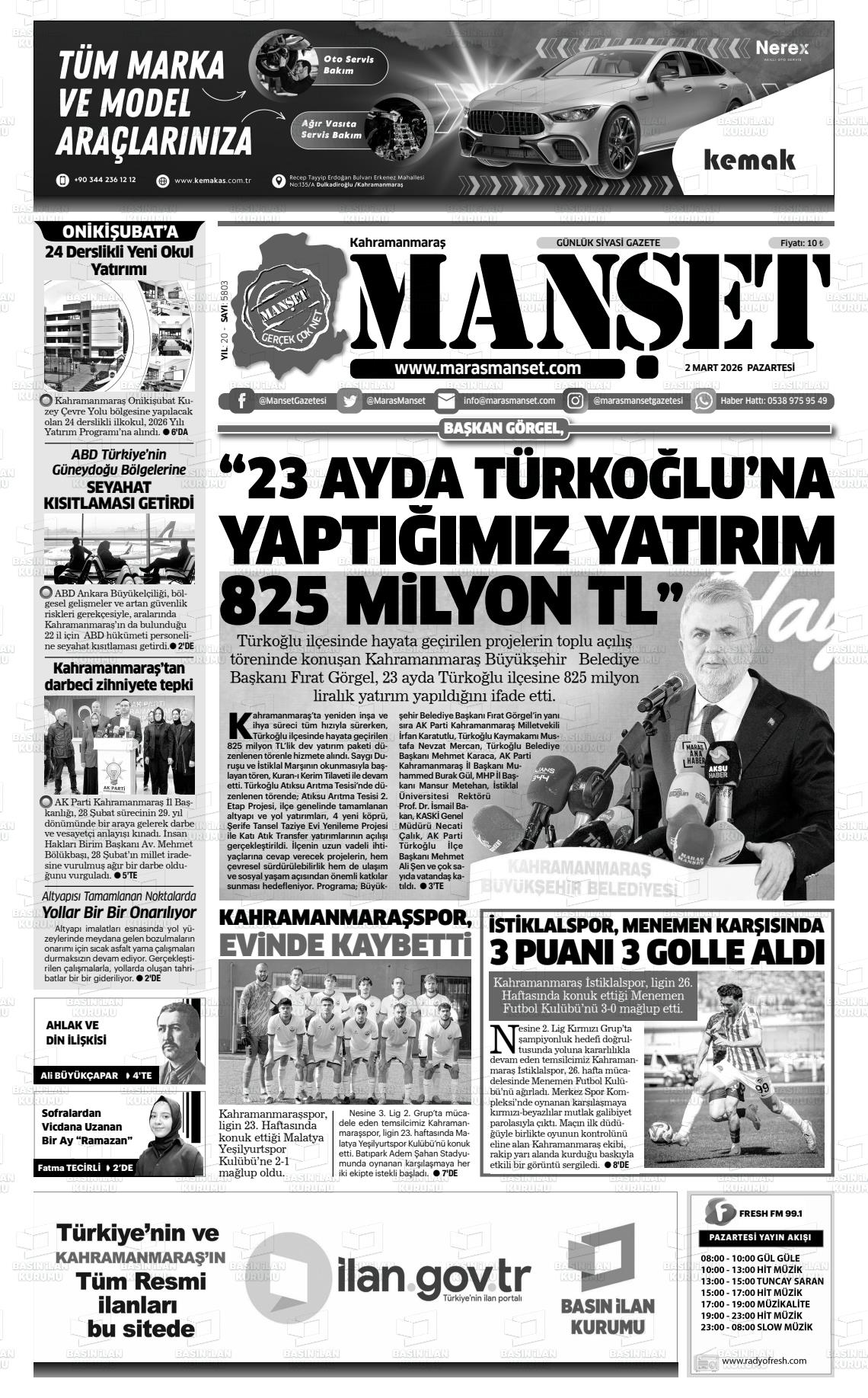 Kahramanmaras Manset 02.03.2026