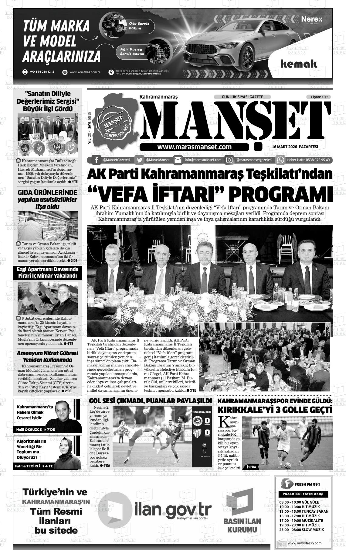 Kahramanmaras Manset 16.03.2026