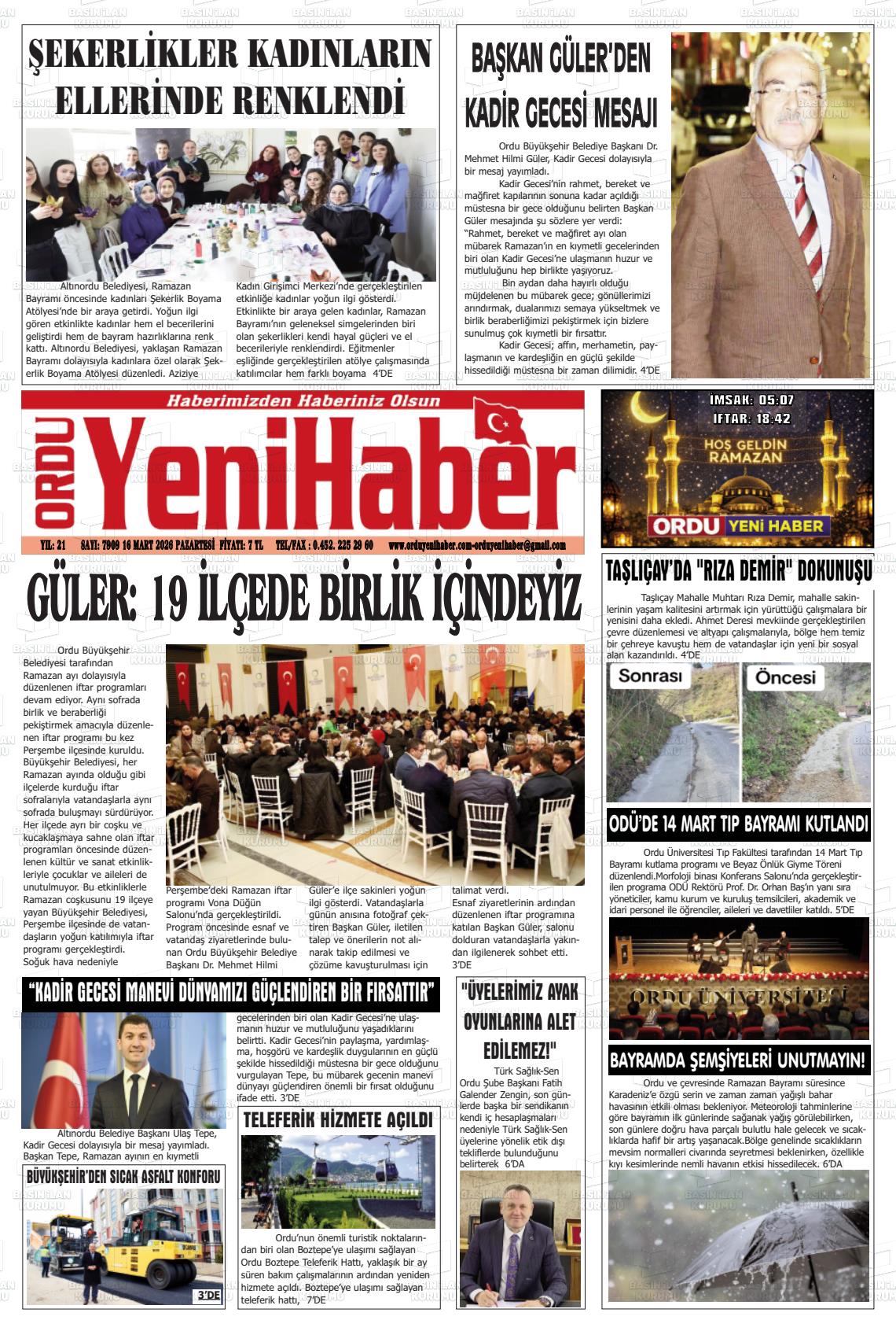 Ordu Yenihaber 16.03.2026