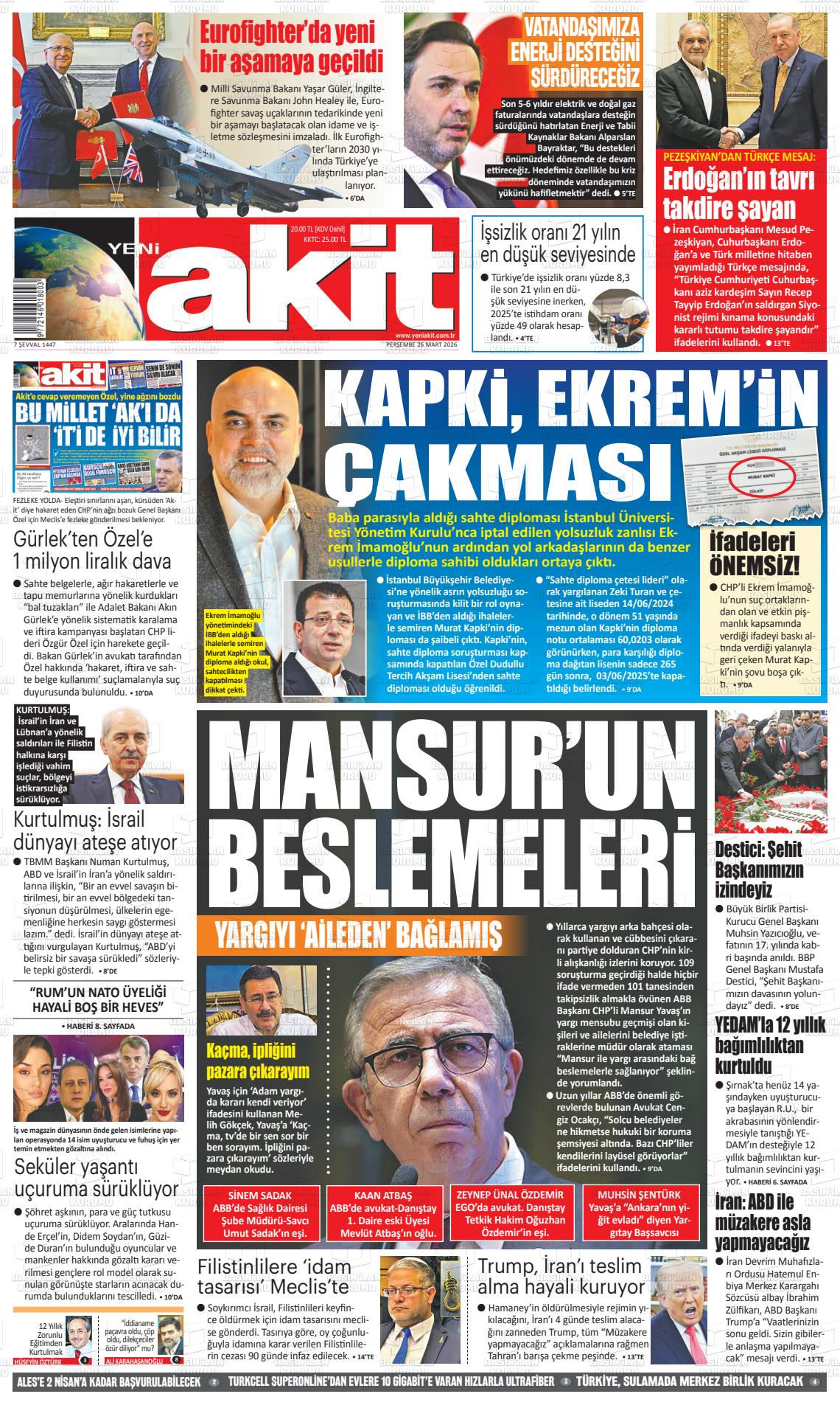 Yeni Akit Gazetesi 26.03.2026