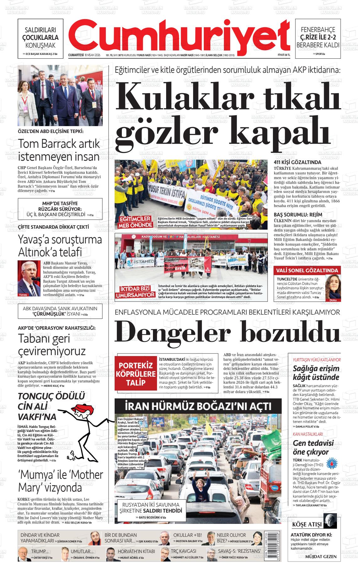 Cumhuriyet Gazetesi 18.04.2026