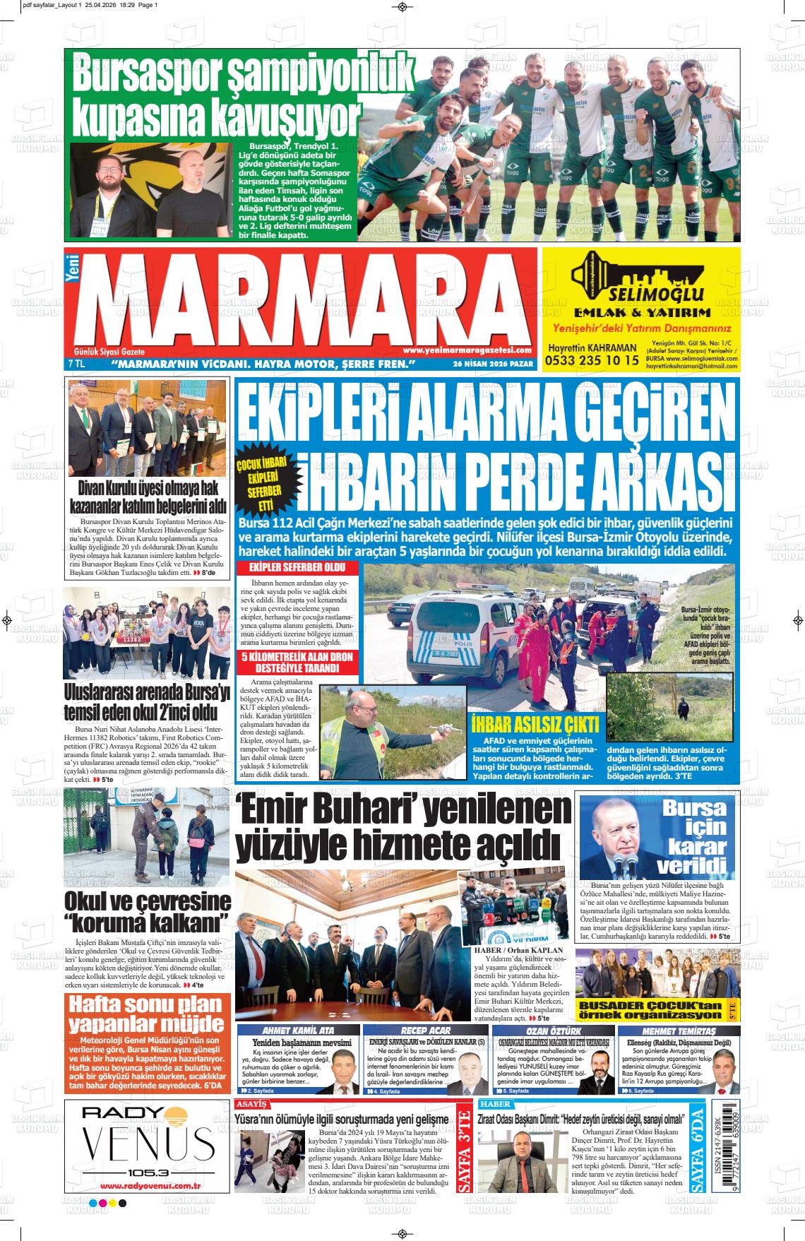Bursa Yenimarmara 26.04.2026