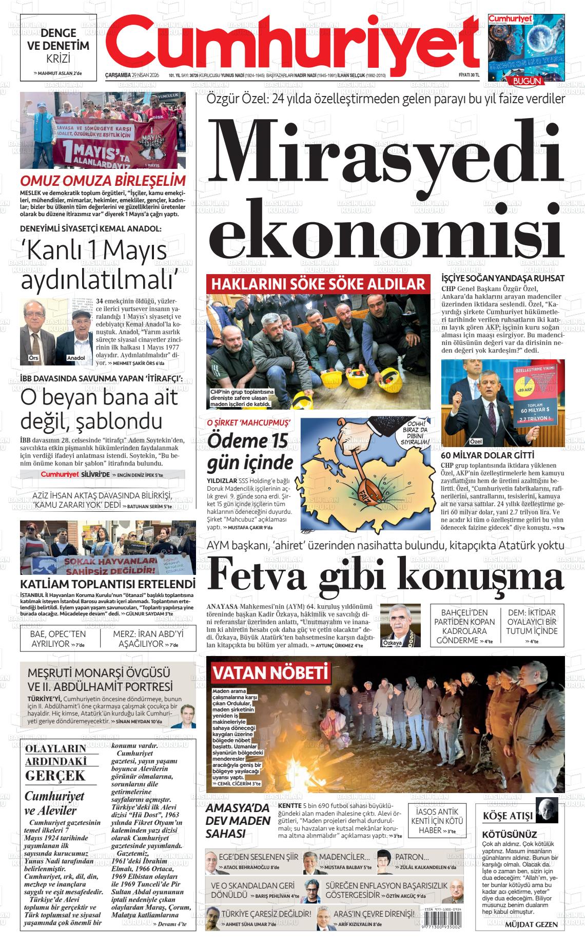 Cumhuriyet Gazetesi 29.04.2026