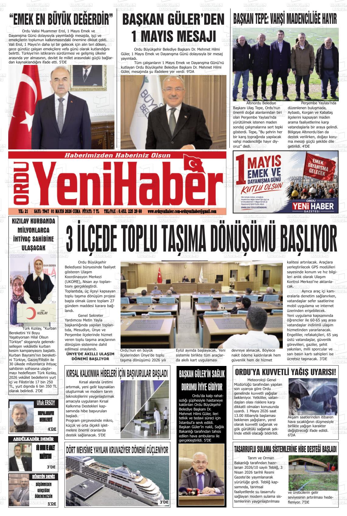 Ordu Yenihaber 01.05.2026