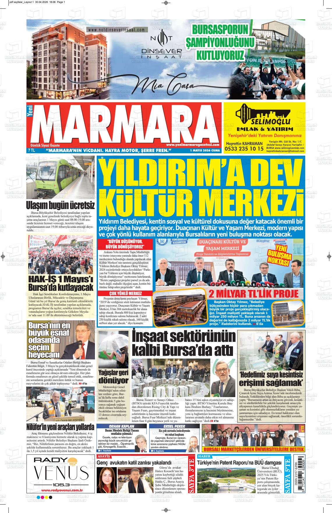 Bursa Yenimarmara 01.05.2026