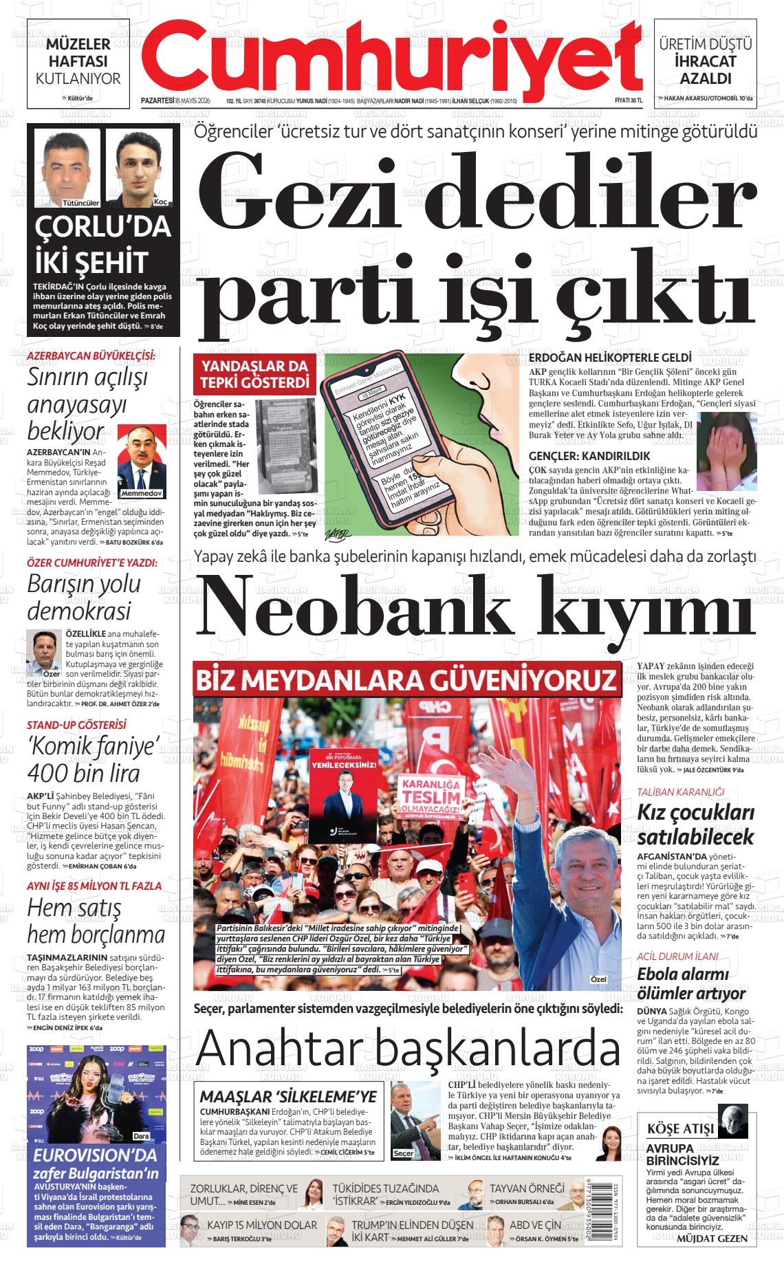 Cumhuriyet Gazetesi 18.05.2026