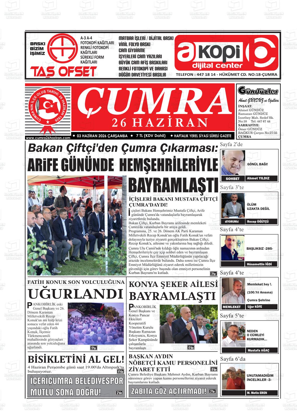 Konya Cumra 26 Haziran 03.06.2026